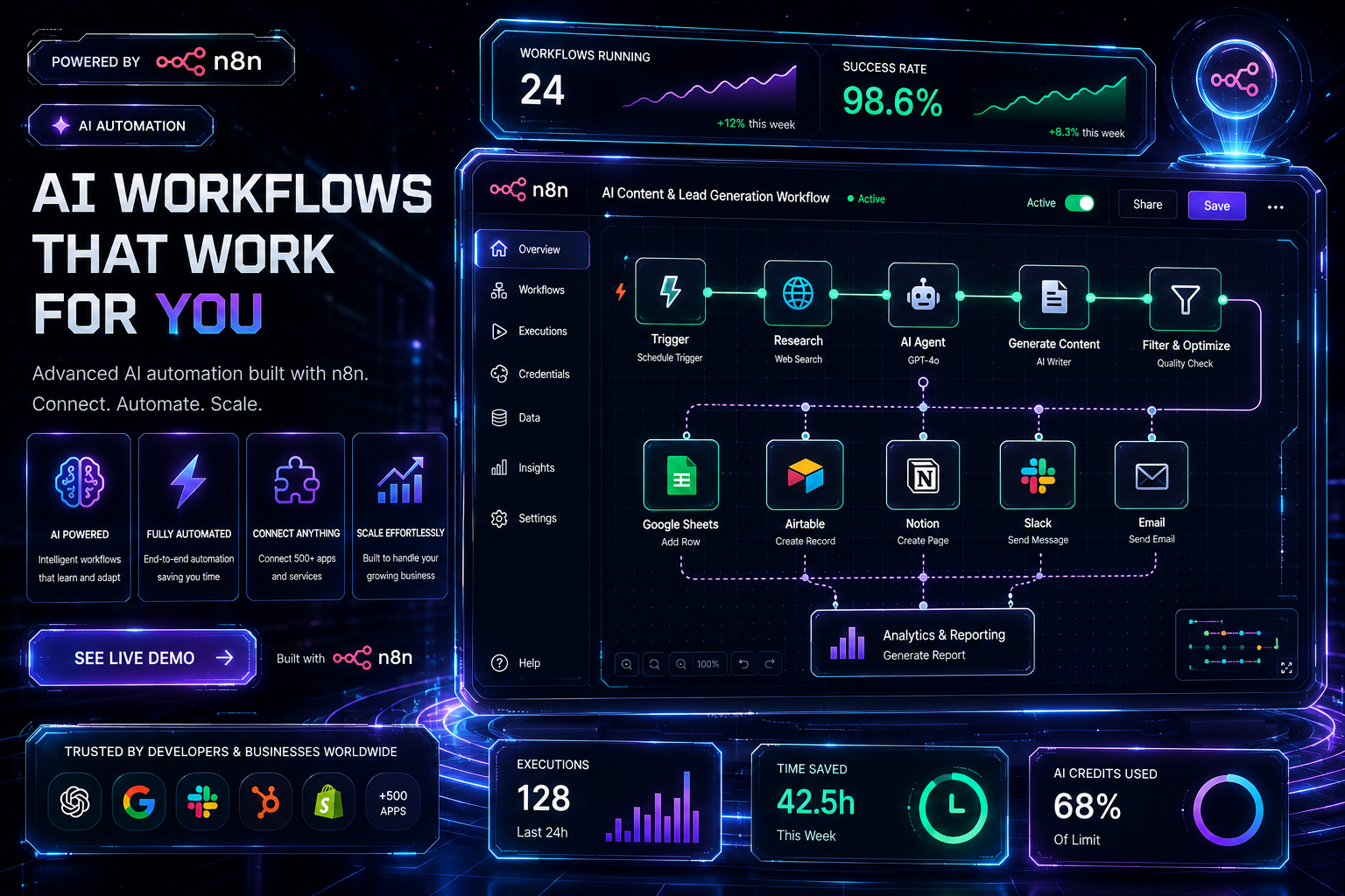 AI workflows that work for you — futuristic n8n automation dashboard